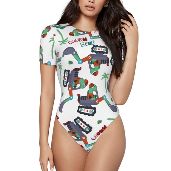 Naloa Dinosaur on Excavator2 Women's Short-Sleeved Onesie, One-Piece Swimsuit for Parties, dates, clubs - X-Large