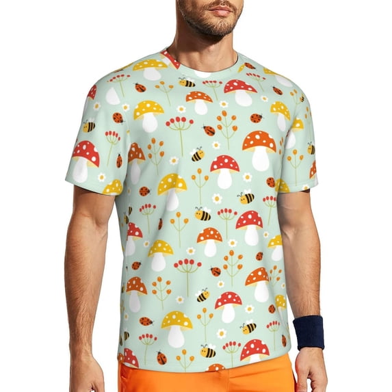 Wukai Mushroom Bee Print Men's Short-Sleeved Mesh T-Shirt,Quick-Dry Short Sleeve Workout T-Shirt-3X-Large