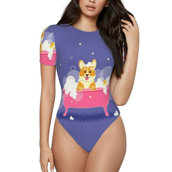 Naloa Dog Washes in a Pink Bath Women's Short-Sleeved Onesie, One-Piece Swimsuit for Parties, dates, clubs - X-Large