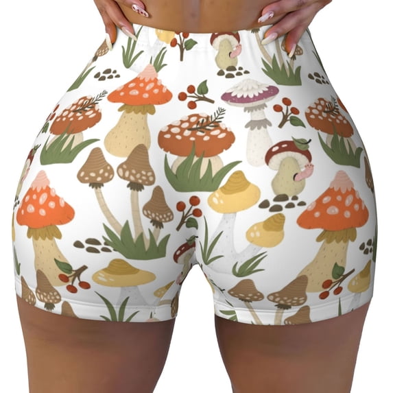 Wukai Mushrooms Print Pack Biker Shorts for Women Yoga Workout Gym Running Scrunch Active Shorts-Small