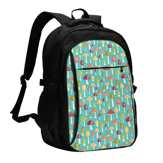 Wukai Mushrooms Travel Laptop Backpack: Business Water-Resistant Bag with USB Charging Port, Ideal College Backpack for Men & Women
