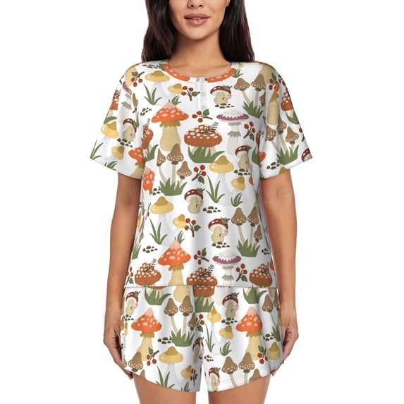 "Wukai Mushrooms Women's Pajama Set - Short-Sleeve Top and Shorts with Elastic Waistband and Pockets for Loungewear, Yoga, and Casual Wear-Large