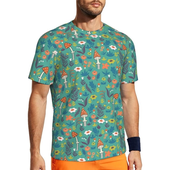 Wukai Mushrooms and Flowers Print Men's Short-Sleeved Mesh T-Shirt,Quick-Dry Short Sleeve Workout T-Shirt-3X-Large