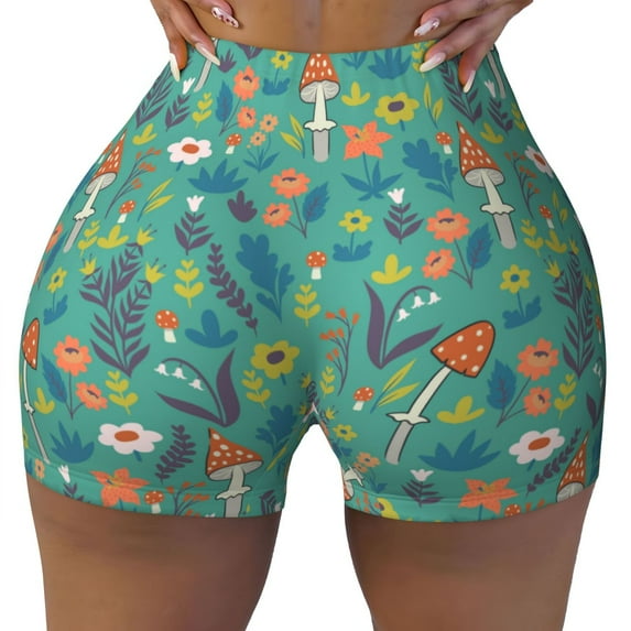 Wukai Mushrooms and Flowers Print Pack Biker Shorts for Women Yoga Workout Gym Running Scrunch Active Shorts-X-Large