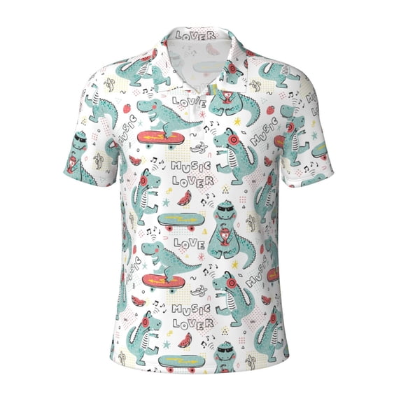 Wukai Music Lover Dinosaur Men’s Polo Shirts,Quick-Dry Athletic Shirt,Classic Fit Shirts-XX-Large