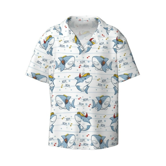 Wukai Music Shark Men's Casual Short-Sleeve Button Down Shirt - Lightweight Summer Dress Shirt for Daily Wear-X-Large