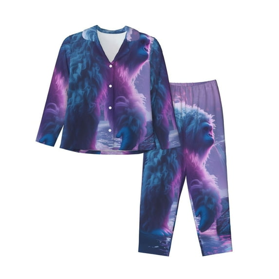 Wukai Mystical White gorilla Jungle Print Women's Pajama Set,PJ Set,Lounge Sets For Women Soft Long Sleeve Sleepwear Comfort and Style-Small