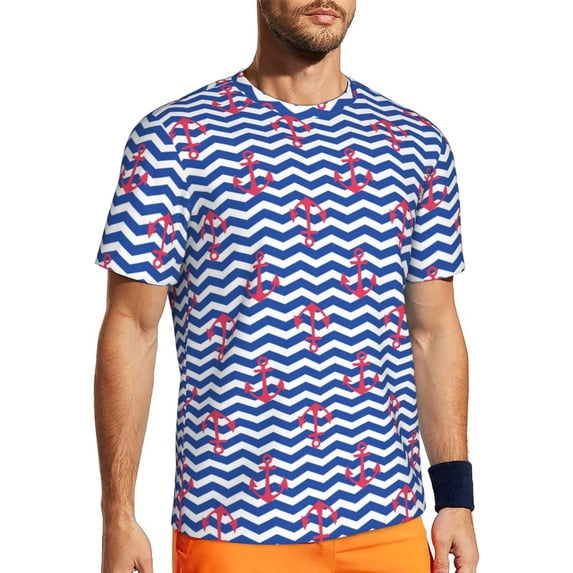 Wukai Nautical Anchors Print Men's Short-Sleeved Mesh T-Shirt,Quick-Dry Short Sleeve Workout T-Shirt-6X-Large