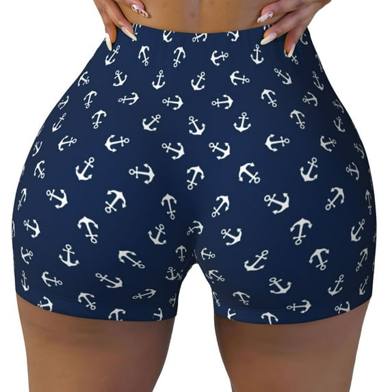Wukai Nautical Themed Simple Anchors Print Pack Biker Shorts for Women Yoga Workout Gym Running Scrunch Active Shorts-Small