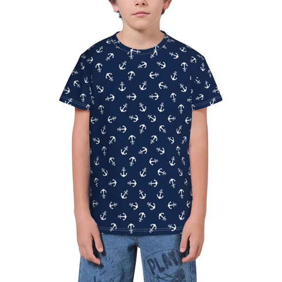 Wukai Nautical Themed Simple Anchors Youth Unisex Short Sleeve T-Shirt for Boys, Girls, Teens, and Kids-X-Small