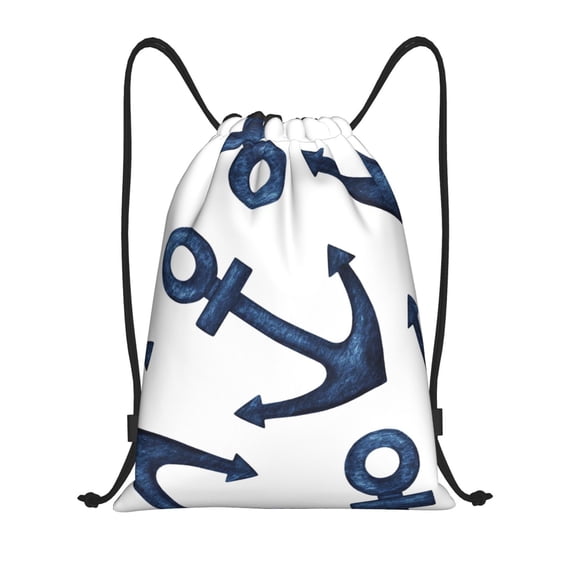 Wukai Navy Blue Anchor Drawstring Backpack Bag Sport Gym Sackpack Large Size String Backpack Cinch for Women Men-Small