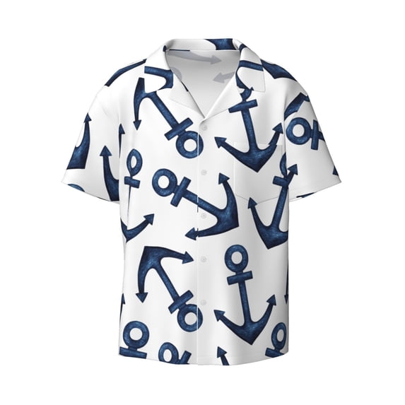 Wukai Navy Blue Anchor Men's Casual Short-Sleeve Button Down Shirt - Lightweight Summer Dress Shirt for Daily Wear-4X-Large