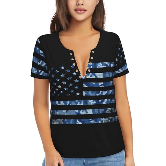 Wukai Navy Camouflage American Flag Casual V-Neck Graphic Tees for Women: Lightweight and Breathable Summer Tops with Stylish Design-X-Large