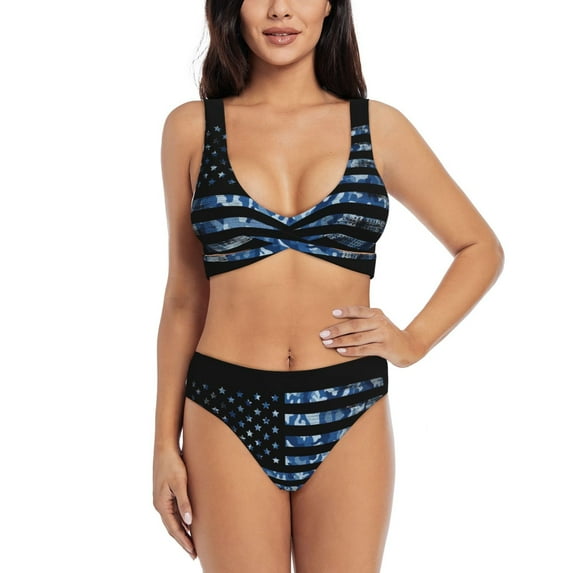 Wukai Navy Camouflage American Flag Women's Bikini Set Two Piece,wimsuit High Waisted V Neck Twist Front Adjustable Spaghetti Straps Bathing Suit-Small