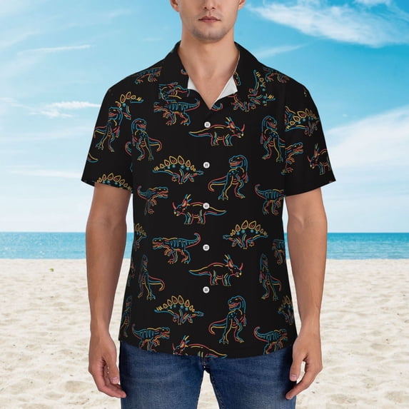Wukai Neon Dinosaur Men's Hawaiian Shirt Short Sleeve Casual Button Down Summer Beach Aloha Shirt Tropical Print Holiday Party