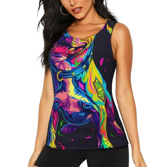 Wukai Neon Pop Art Pitbull Print Womens Shorts for Athletic Gym Running Shorts Women Biker Shorts with Phone Pockets -Medium