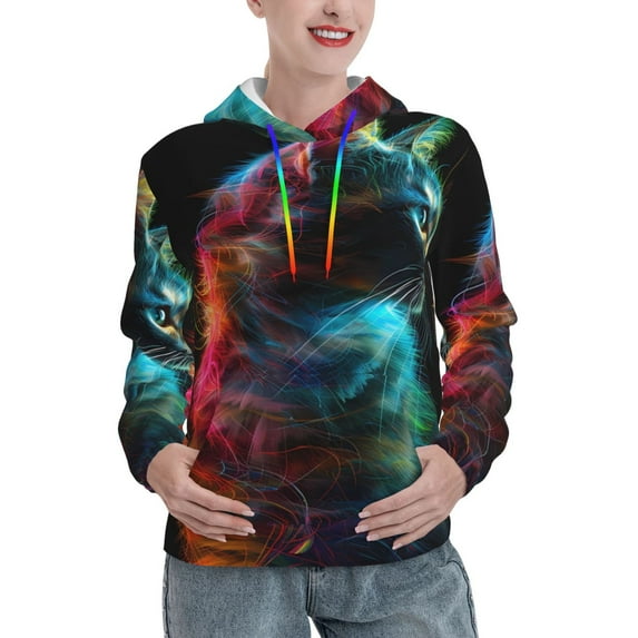 Wukai Neon Spectrum Cat Portrait Print Womens Hoodies Fleece Sweatshirts Long Sleeve Sweaters Pullover Fall Outfits Winter Clothes-XX-Large