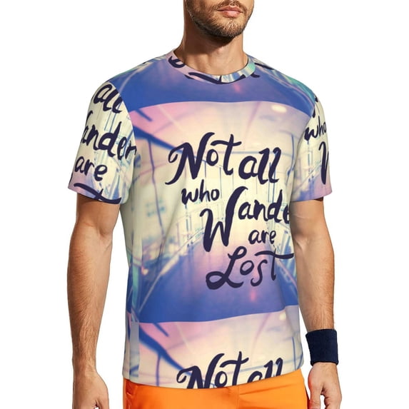 Wukai Not All Those Who Wander Are Lost Print Men's Short-Sleeved Mesh T-Shirt,Quick-Dry Short Sleeve Workout T-Shirt-Large