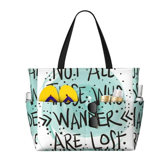 Wukai Not All Who Wander Are Lost1 Print Zipper Bag,large Beach Tote Bag,Waterproof Sandproof Bag,Grocery and Picnic Tote Travel Bag