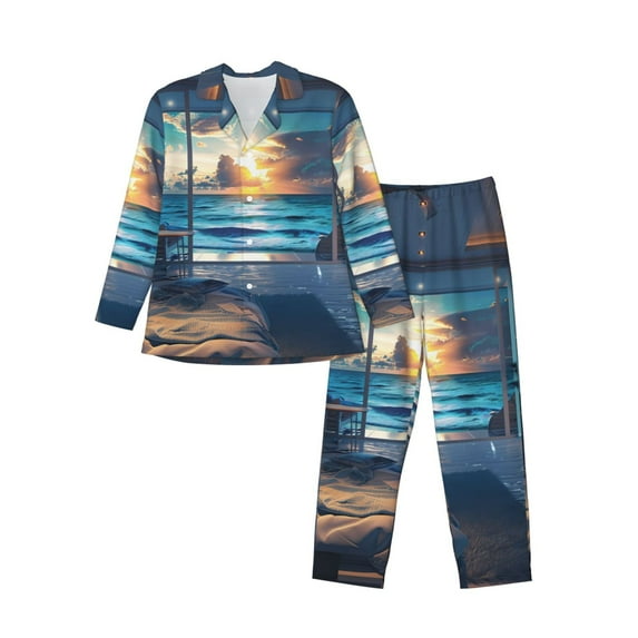 Wukai Ocean View Bedroom Men's Long-Sleeve Pajama Set - Comfortable Sleepwear with Button-Down Shirt and Pants-XX-Large