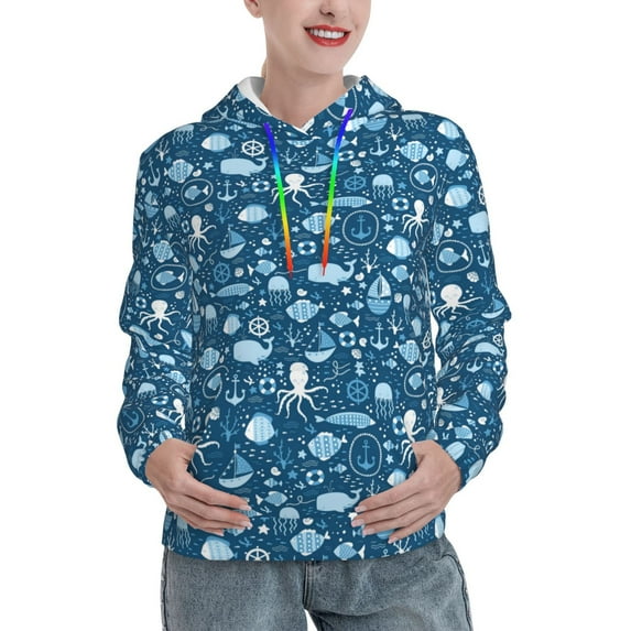 Wukai Octopus And Whale Print Womens Hoodies Fleece Sweatshirts Long Sleeve Sweaters Pullover Fall Outfits Winter Clothes-Large