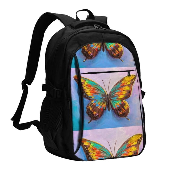 Wukai Oil Painting Beautiful Butterfly Travel Laptop Backpack: Business Water-Resistant Bag with USB Charging Port, Ideal College Backpack for Men & Women