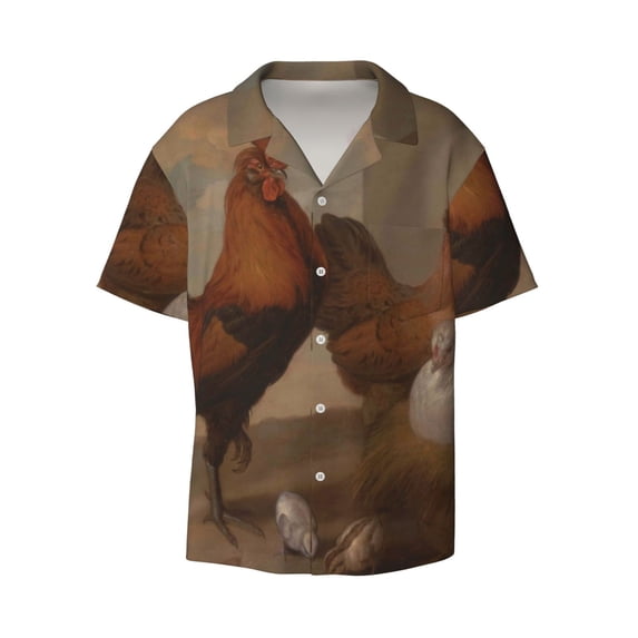 Wukai Oil Painting Chicken And Duck Men's Casual Short-Sleeve Button Down Shirt - Lightweight Summer Dress Shirt for Daily Wear-