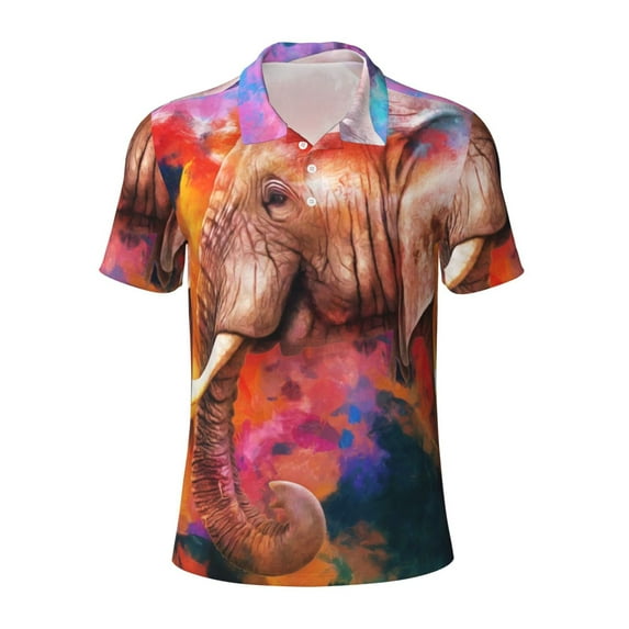 Wukai Oil Paintings of Elephants Men’s Polo Shirts,Quick-Dry Athletic Shirt,Classic Fit Shirts-Large