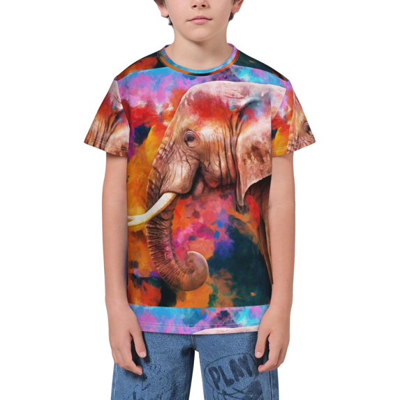 Wukai Oil Paintings of Elephants Youth Unisex Short Sleeve T-Shirt for Boys, Girls, Teens, and Kids-X-Small