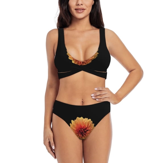 Wukai Orange Dalia Women's Bikini Set Two Piece,wimsuit High Waisted V Neck Twist Front Adjustable Spaghetti Straps Bathing Suit-Small