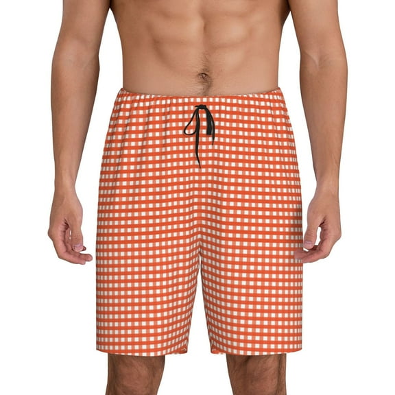Wukai Orange Gingham Men’s Short Pajama Pants With Pockets Soft Sleep Pj Shorts for Men-Large