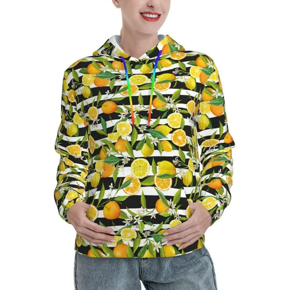 Wukai Orange and Lemon Print Womens Hoodies Fleece Sweatshirts Long Sleeve Sweaters Pullover Fall Outfits Winter Clothes-XX-Large