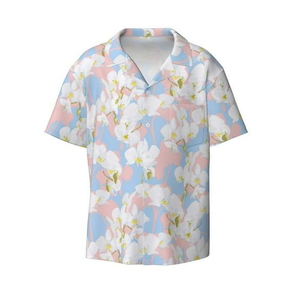 Wukai Orchids Flowers Men's Casual Short-Sleeve Button Down Shirt - Lightweight Summer Dress Shirt for Daily Wear-Medium