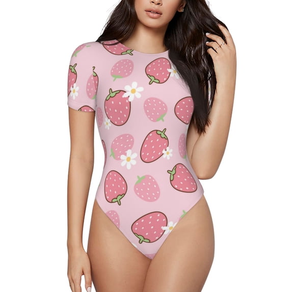 Naloa Strawberries Women's Short-Sleeved Onesie, One-Piece Swimsuit for Parties, dates, clubs - Medium
