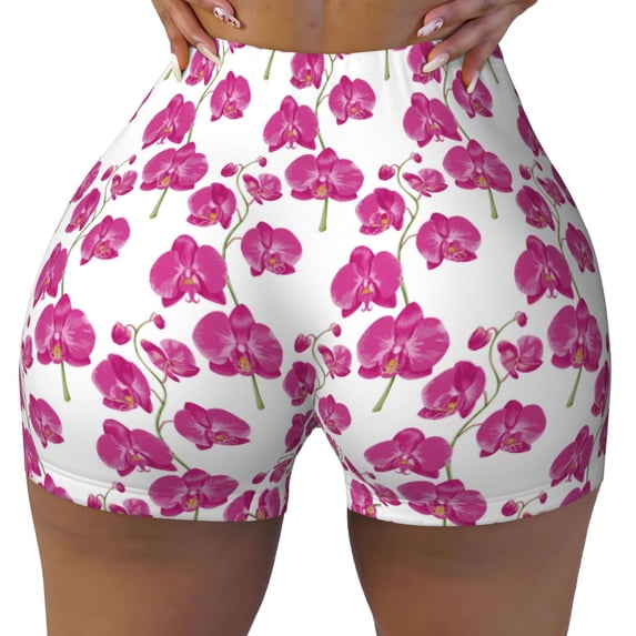 Wukai Orchids Flowers Print Pack Biker Shorts for Women Yoga Workout Gym Running Scrunch Active Shorts-Large