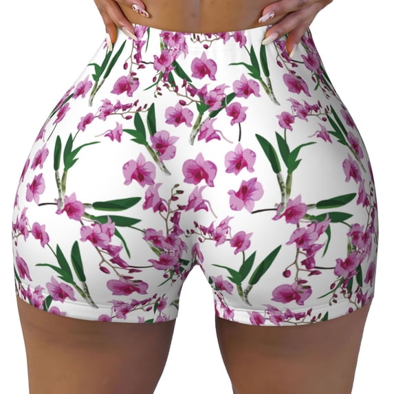 Wukai Orchids Flowers Print Pack Biker Shorts for Women Yoga Workout Gym Running Scrunch Active Shorts-XX-Large