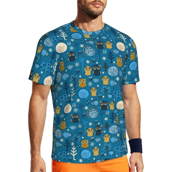 Wukai Owls And Trees Print Men's Short-Sleeved Mesh T-Shirt,Quick-Dry Short Sleeve Workout T-Shirt-Large