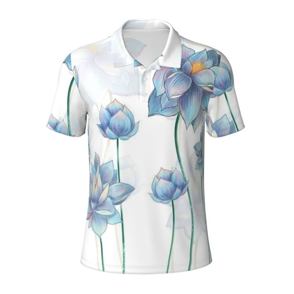 Wukai Pale Blue Lotus Flowers Men’s Polo Shirts,Quick-Dry Athletic Shirt,Classic Fit Shirts-Small