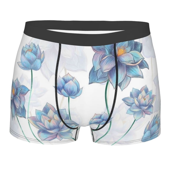 Wukai Pale Blue Lotus Flowers Print Men’s Underwear Breathable Boxer Briefs, Moisture Wicking & Breathable-