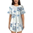 thumbnail image 1 of Wukai Pale Blue Lotus Flowers Women's Pajama Set,Short-Sleeve Top and Shorts with Elastic Waistband and Pockets for Loungewear, Yoga, and Casual Wear-Small, 1 of 8