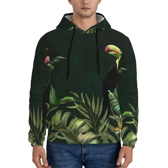 Wukai Palm Leaves And Exotic Birds Print Men Hoodies Fleece Sweatshirts Long Sleeve Sweaters Pullover Fall Outfits Winter Clothes-X-Large