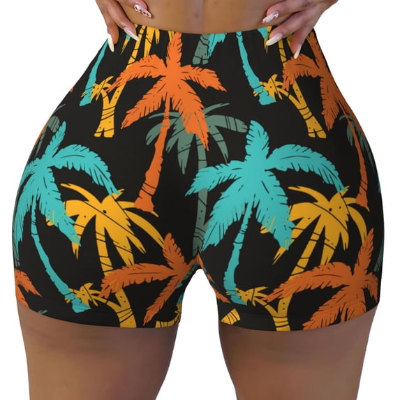 Wukai Palm Trees Print Pack Biker Shorts for Women Yoga Workout Gym Running Scrunch Active Shorts-Large