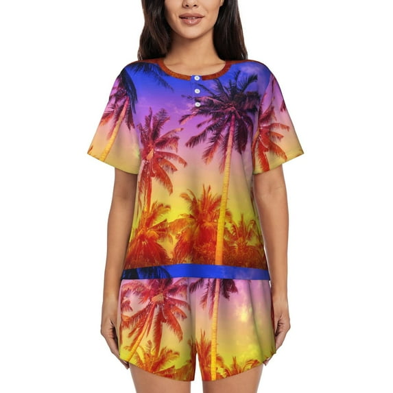 "Wukai Palm Trees at Sunset Women's Pajama Set - Short-Sleeve Top and Shorts with Elastic Waistband and Pockets for Loungewear, Yoga, and Casual Wear-Medium