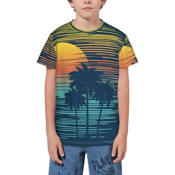 Wukai Palm Trees Youth Unisex Short Sleeve T-Shirt for Boys, Girls, Teens, and Kids-X-Large