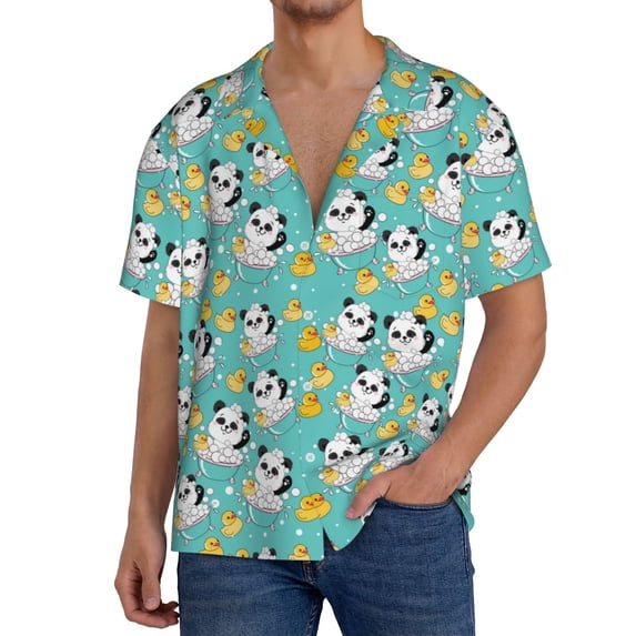 Wukai Panda Bathing In The Bath Men's Casual Short-Sleeve Button Down Shirt,Cuban Shirts for Men,Mens Short Sleeve Dress Shirts-Medium