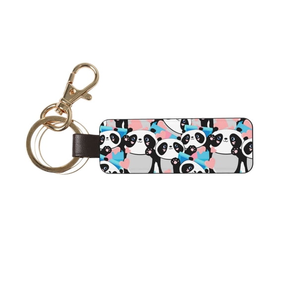 Wukai Panda Cute Hearts Print Leather Car Keychain, Universal Key Fob Keychain, Leather Key Chain Holder for Men and Women,360 Degree Rotatable