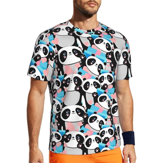 Wukai Panda Cute Hearts Print Men's Short-Sleeved Mesh T-Shirt,Quick-Dry Short Sleeve Workout T-Shirt-6X-Large