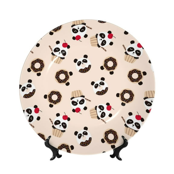 Wukai Panda Ice Creams Donuts Print Decorative Plate for Display,Bone China Decorative Plate, Ceramic Dinner Plate with Stand, Vertical Ceramic Plate-6in