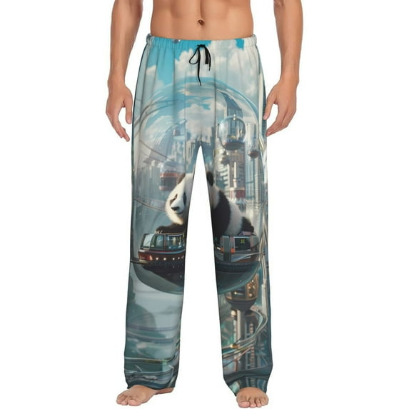 Wukai Panda In Futuristic City Mens PJ Pajama Pants|Sleepwear Plaid PJs with Pockets|Men's Lightweight Open-Hem Lounge Pants-XX-Large