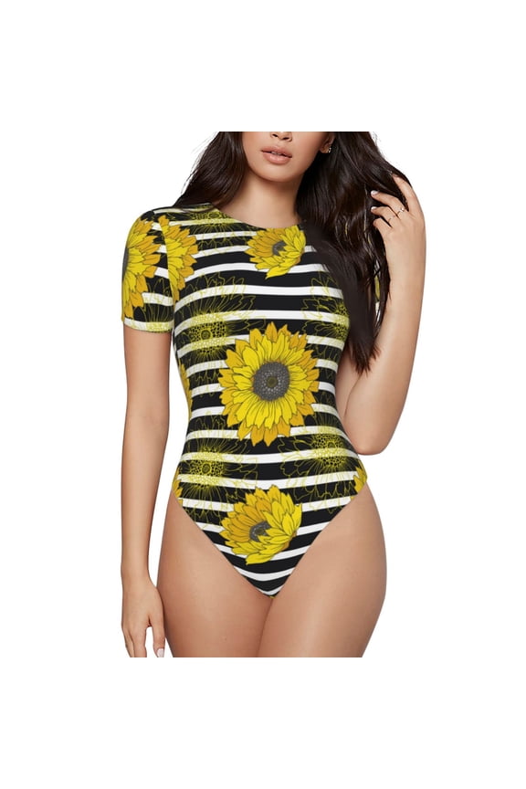 Sunflowers On Black And White Stripes Women's Short-Sleeved Onesie, One-Piece Swimsuit for Parties, dates, clubs - X-Large